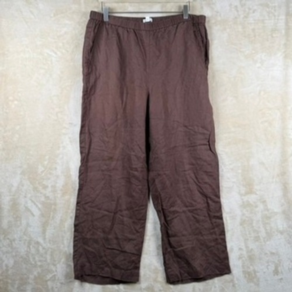 Eileen Fisher Women L Brown 100% Organic Linen Wide Leg Elastic Waist Pants